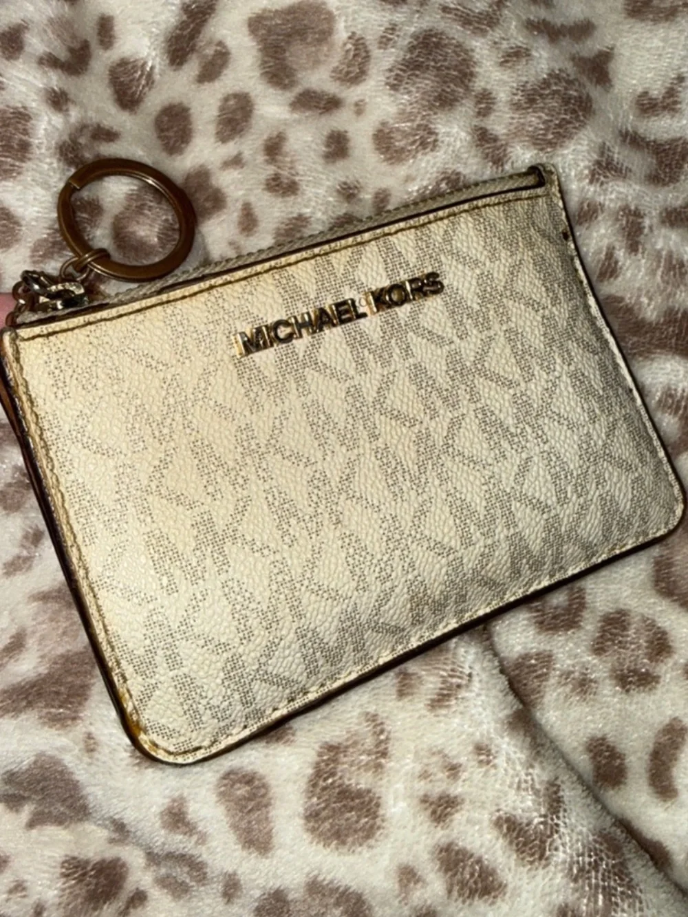 Michael Kors Beige Leather Zip Coin Pouch with Gold Hardware